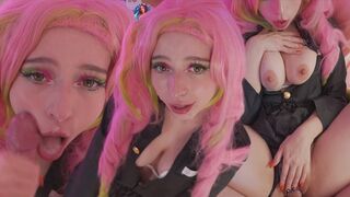 Mitsuri kanroji cosplayben élvezi a fasznak a lyukait és orbitális arconlövellést kap