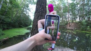 Világos Szőke zsenge hancúr cosplay-ben, arcra élvezés balaklaván